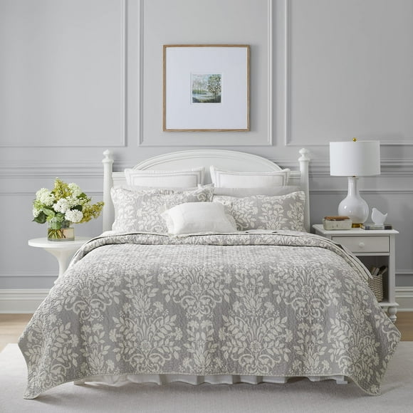 Laura Ashley Rowland Collection 100% Cotton, Reversible, All Season Bedding with Matching Sham, Pre-Washed for Added Comfort, Queen, Gray