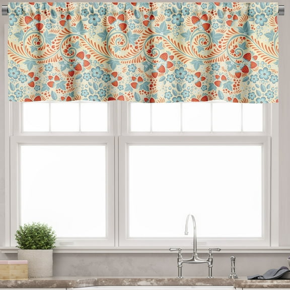 Ambesonne Floral Valance Pack of 2, Image in Khokhloma Pattern, 54"X18", Cream Pale Teal and Vermilion