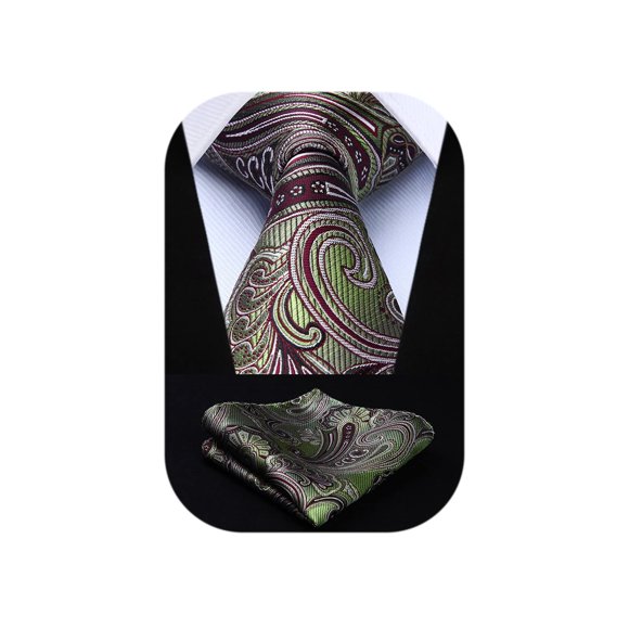 Men Ties Paisley Tie and Pocket Square Set Woven Classic Silk Olive Green Ties for Men Handkerchief Business Formal Men's Neckties for Wedding Party