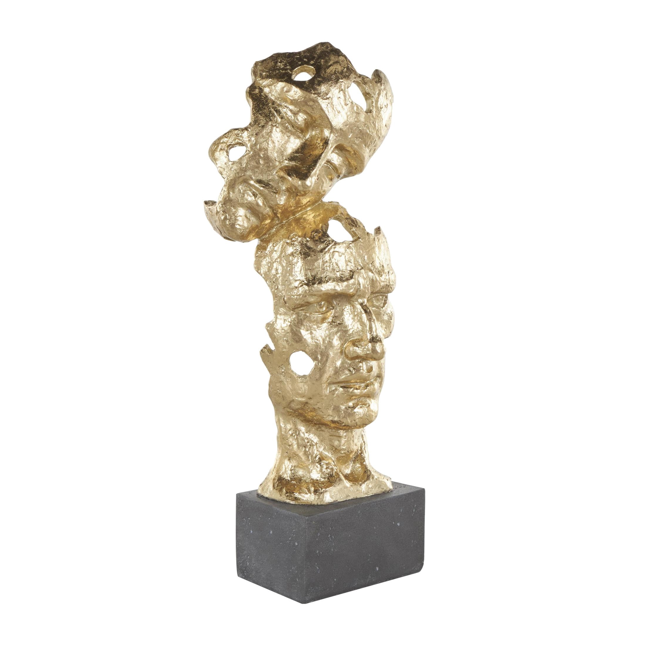 8" x 21" Gold Polystone Stacked Face Cutout Mask Sculpture with Black Block Base, by DecMode
