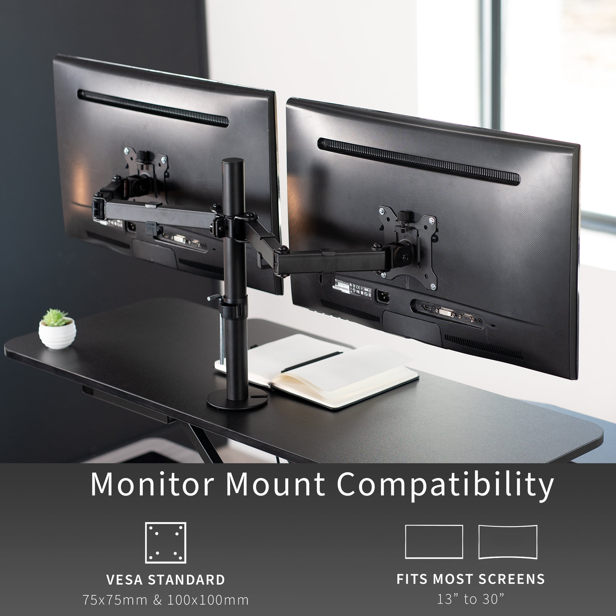 VIVO Black 42" Standing Desk Riser with Adjustable Dual 13" to 30" Monitor Mount
