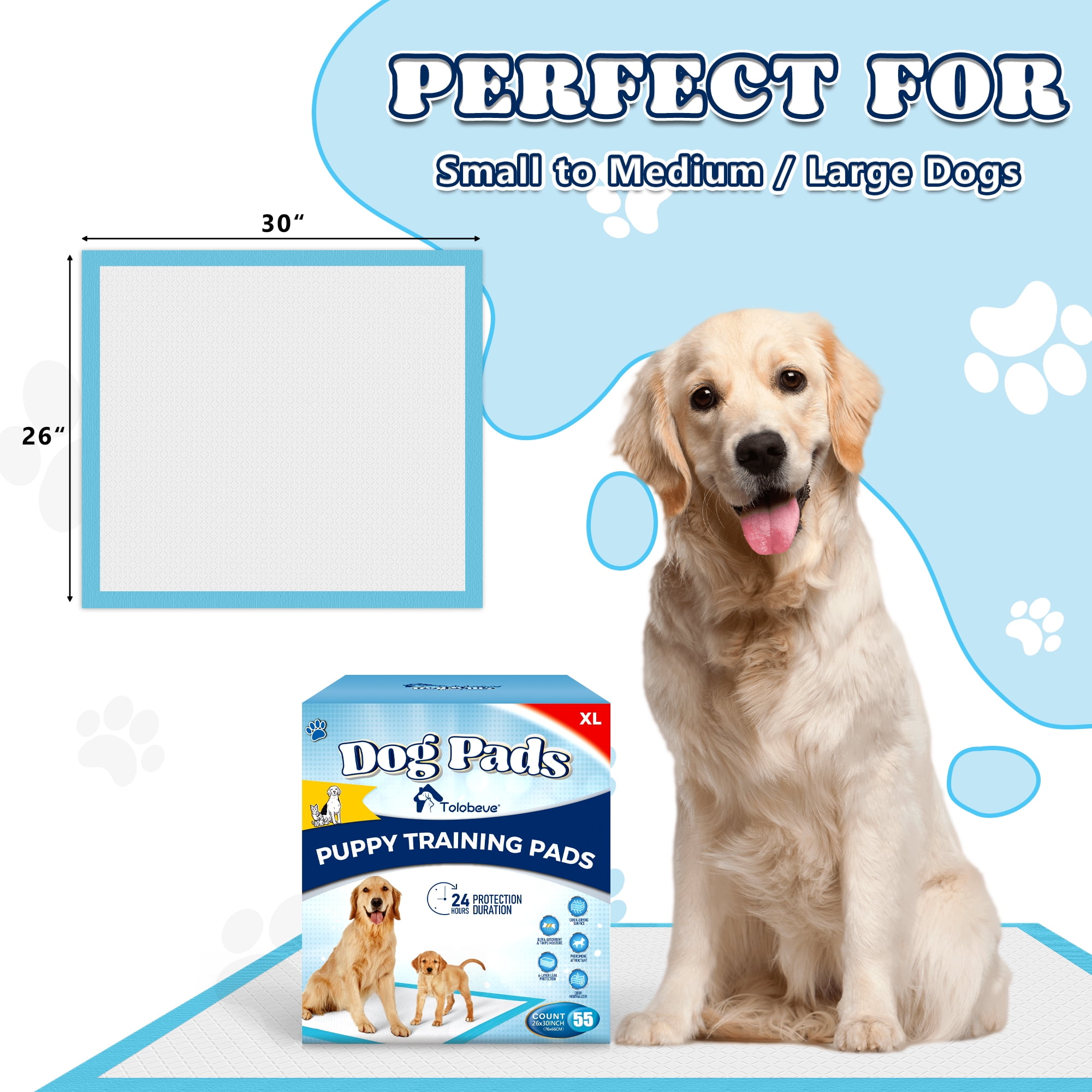 Tolobeve Puppy Dog Absorbent Training Pads, XL, 26 in x 30 in, 55 Count Disposable Pee Pad