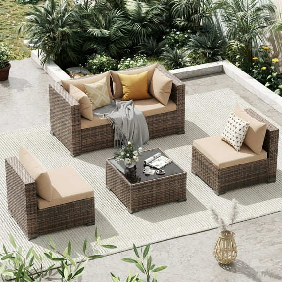Techmilly Patio Furniture Sets, Modular Rattan Outdoor Patio Sectional Furniture Sofa Set, Wicker Patio Conversation Set for Backyard,5PCS