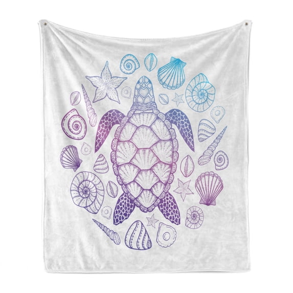 Turtle Soft Flannel Fleece Throw Blanket, Colorful Marine Fauna with Ombre Effect Hand Drawn Seashells and Turtle, Cozy Plush for Indoor and Outdoor Use, 70" x 90", Aqua Pink and Violet, by Ambesonne