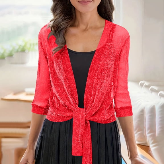 Cardigans for Women 3/4 Sleeve Open Front Cardigan Casual Lace Tops Loose Beach Swimsuit Coverup Casual Duster Lightweight Cardigans Beach Vacation Wear Red L