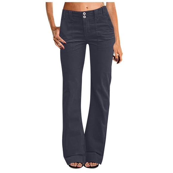 LUOGENLI Female Casual Pants Women's Stretch Casual Straight Leg High Waistband Pocket Chino Pants Flared Pants Womens Casual Pants Stretch Waist Dark Gray M