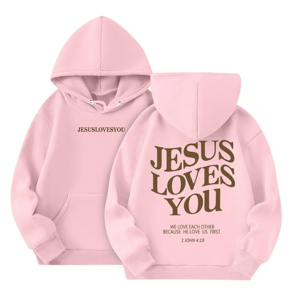 Grblisyd Back to School Clothes for Teen Girls Kids 10-12 Long Sleeve Jesus Hoodie Jesus Loves You Casual Graphic Hoodie Drawstring Preppy Pullover Cute Hoodie Pink 140