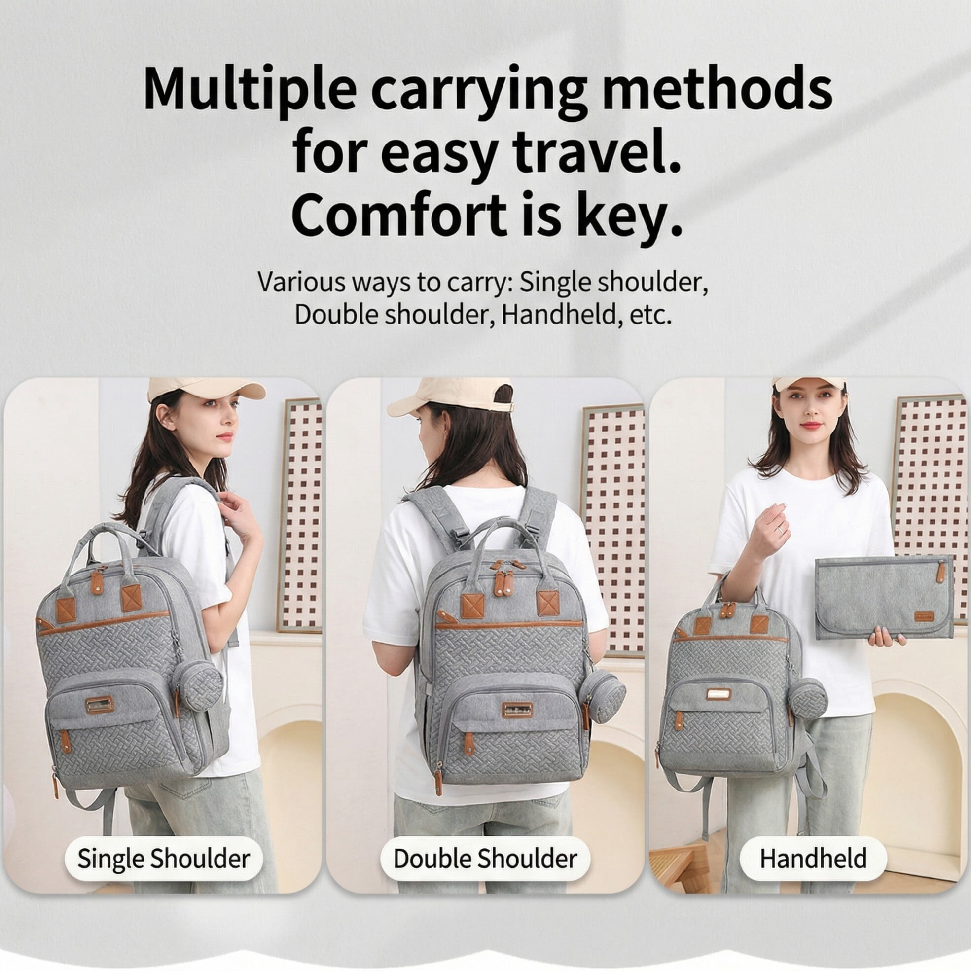 Baby diaper bag, with changing pad, multi-functional baby diaper bag, portable diaper bag, diaper bag storage bag, with insulated bottle bag, suitable for both boys and girls, gray.