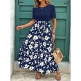 thumbnail image 4 of Navy Blue Floral Print Tiered Maxi Dress With Tie Waist And Short Sleeves For Women, 4 of 7