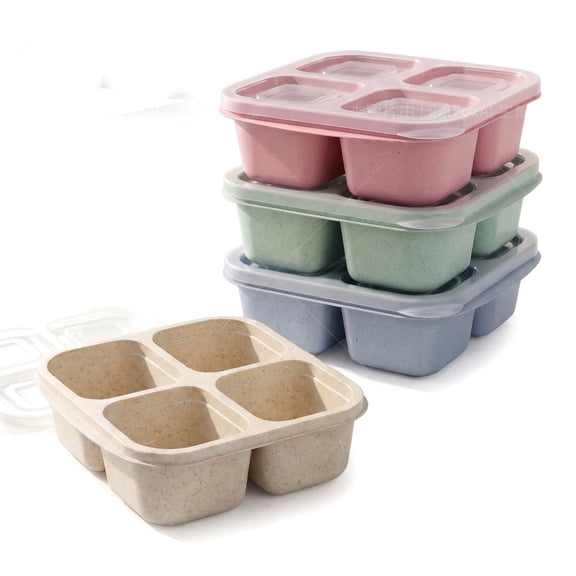 4 Compartment Reusable Bento Lunch Box, 4 Pack Divided Snack Containers, Portable Food Storage Boxes for Adults, Work & Travel