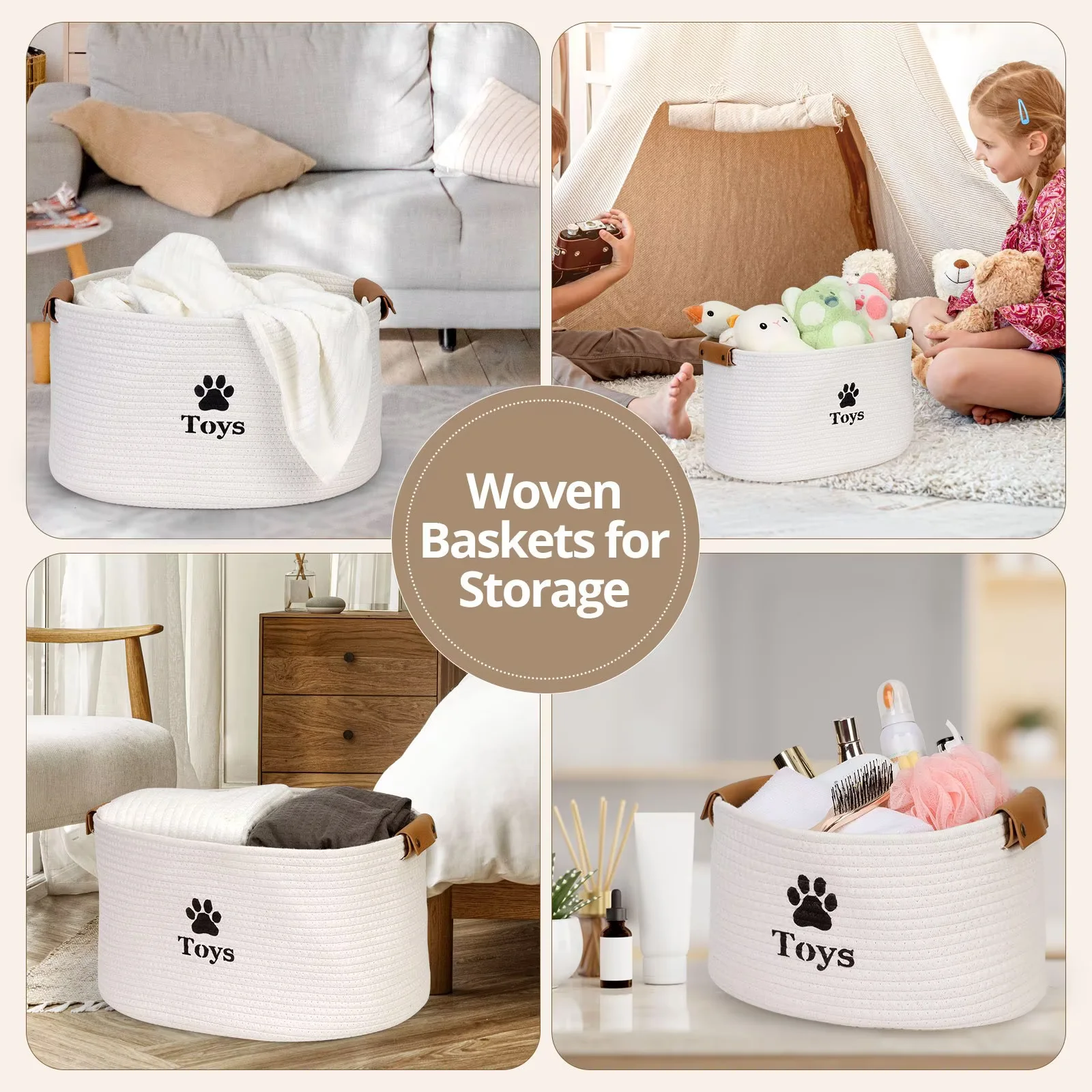 Jumpress Dog Toy Basket, Quality Cotton Rope Dog Toy Storage with Handle, Durable Toy Bin Box for Dog/Cat/Pet Toys, Accessories, Blanket & Leash (#3 Beige-Small, 13’’x9’’x7.5’’)