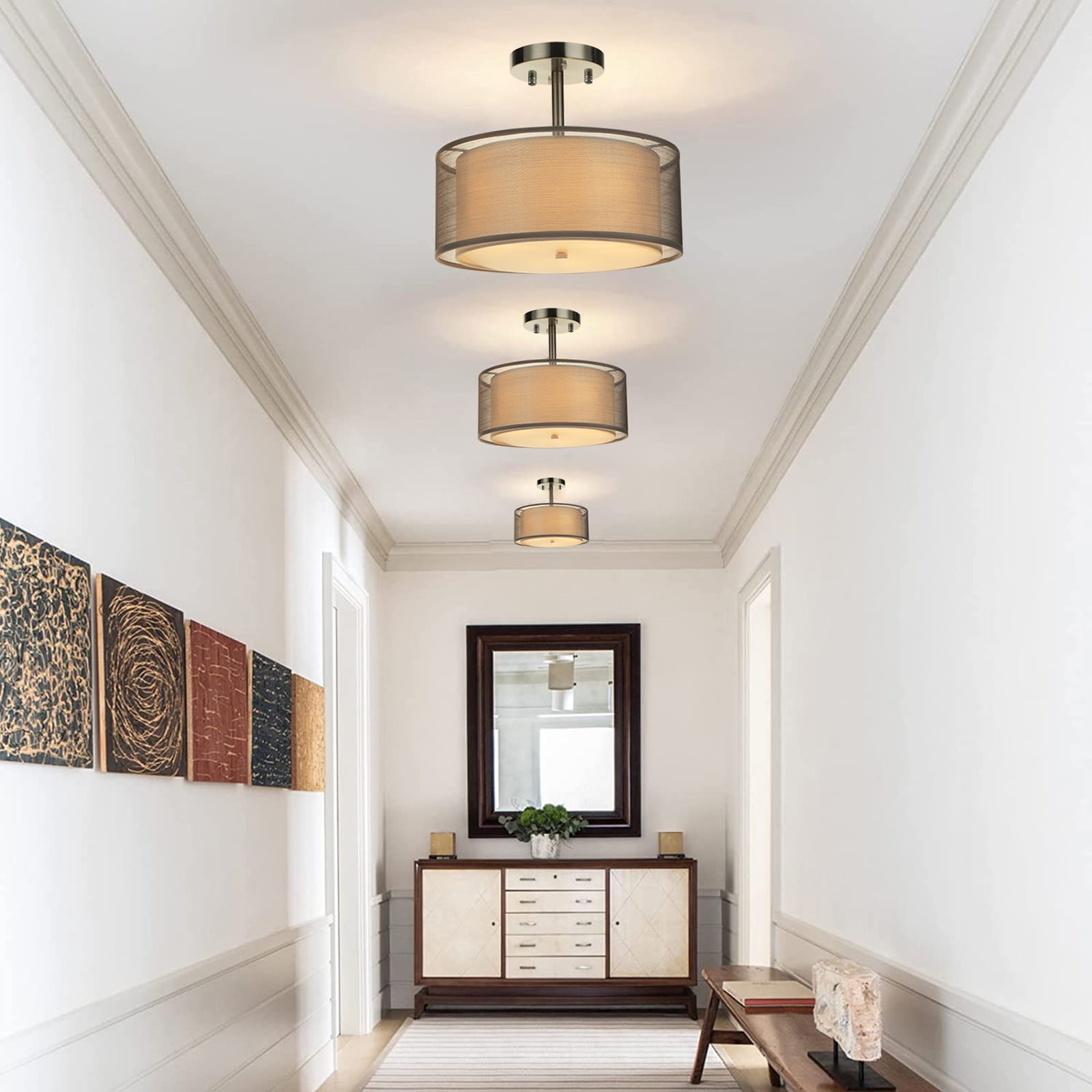 FRIDEKO HOME 12inch Semi Flush Mount Ceiling Light, Double Fabric Shade, 3-Lights Modern Drum Light Fixture for Hallway, Living Room, Bedroom (Without Bulbs)