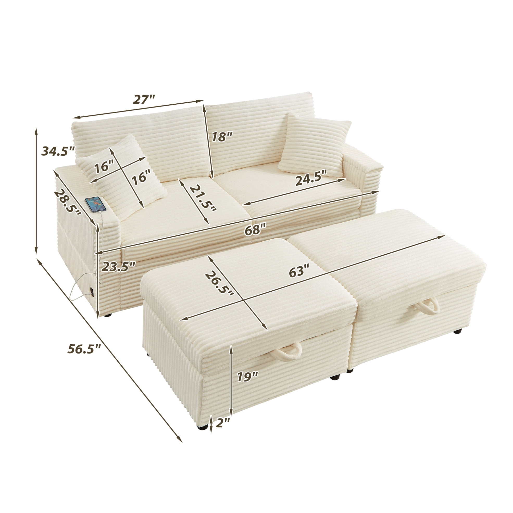 68" Double Chaise Lounges Indoor, Chenille Upholstered Loveseat Sofa Bed with Charging Station, Hidden Table Armrests and Storage Ottomans for Living Room, White