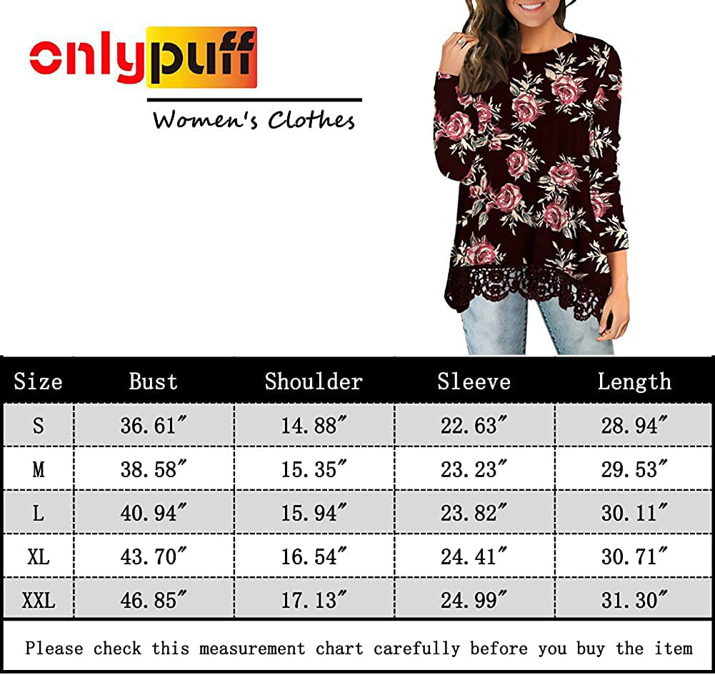 onlypuff Womens Long Sleeve Short Sleeve Lace Hem Trim Shirts A-Line Tunic Tops