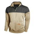 thumbnail image 3 of UVEASISHA 1/4 Zip Up Sweatshirt Men Color Block Fashion Stand Collar Pullover Sweatshirts Fall Winter Fleece Lined Hoodless Tops with Pocket Khaki L, 3 of 8