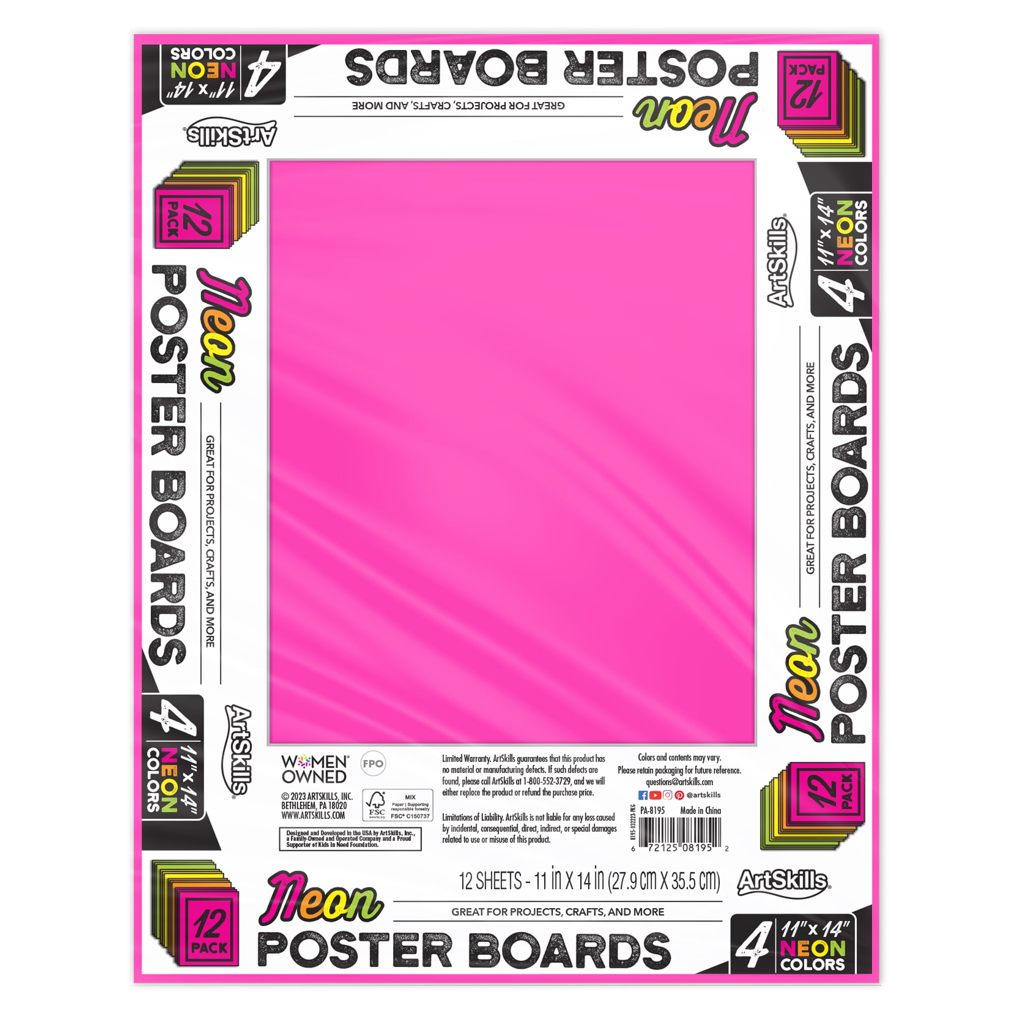 ArtSkills Neon Poster Board, 11" x 14", 12-pack, Assorted Bright Colors for Signs & School Projects