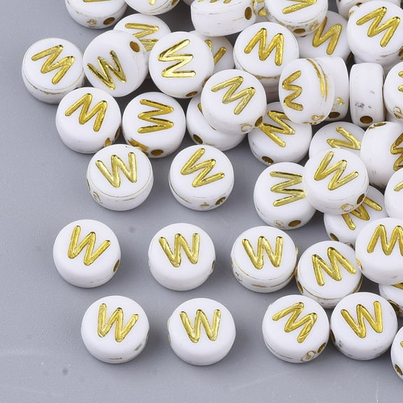 Plating Acrylic Beads Golden Metal Enlaced Horizontal Hole Flat Round with Alphabet White Letter.W 7x3.5mm Hole: 1.2mm 360pcs/50g