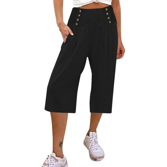 Timegard Capri Pants for Women Wide Leg Elastic High Waisted Button Ruched Casual Loose Cropped Trousers