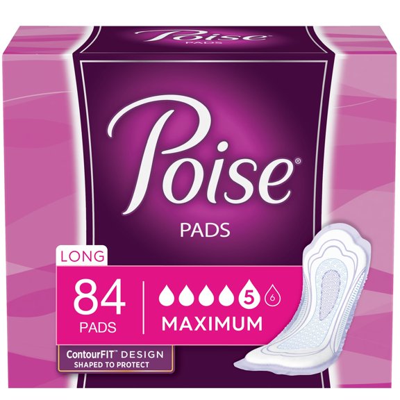 Poise Incontinence Pads for Women, 5 Drop, Maximum Absorbency, Long, 84Ct