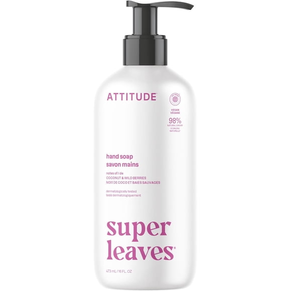ATTITUDE Savon Liquide pour les Mains, Fabriqué au Canada, Vérifié EWG, à Base de Plantes et de Minéraux, Produits de Soins Personnels Véganes, Parfum Noix de Coco et Baies Sauvages, 473 ml