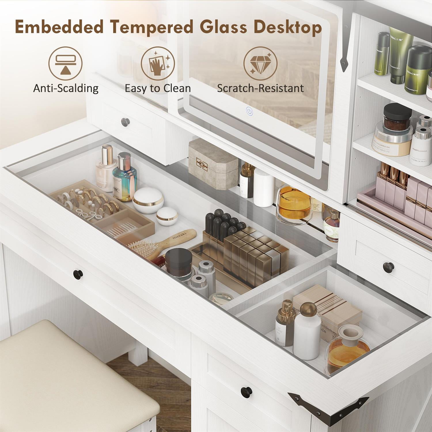 Demi Bonn 54" Modern Vanity Set with Mirror, Lights & Cushioned Stool, Storage Drawer, Cabinet & Shelves for Bedroom, White