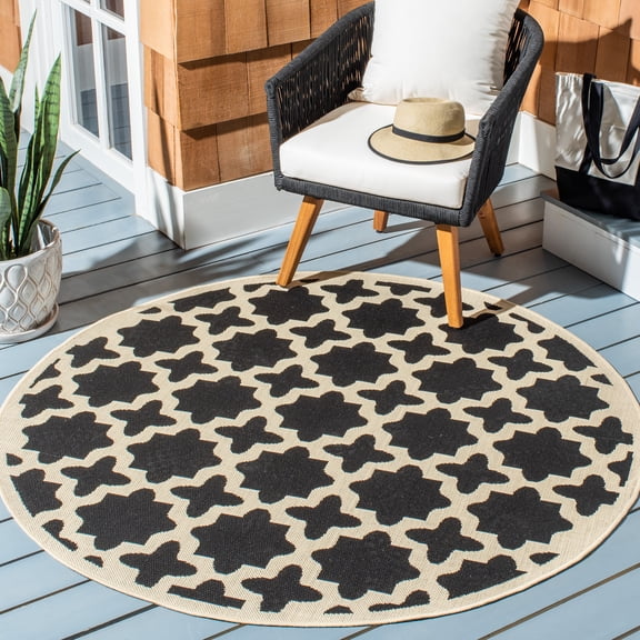 SAFAVIEH Courtyard Amanda Geometric Indoor/Outdoor Area Rug, 7'10" x 7'10" Round, Black/Beige