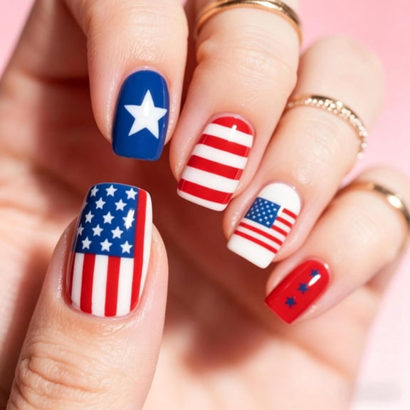 24Pcs Short Square 4th of July Press On Nails, Red White Blue American Flag Star Stripe Patriotic False Nails, Reusable Nail Tips for Independence Day Holiday Party Daily Manicure Decor