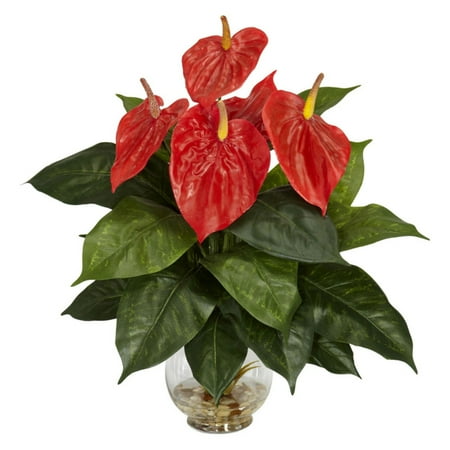 Glass Flower Tubes - Nearly Natural Anthurium with Fluted Glass Bowl Silk Flower Arrangement