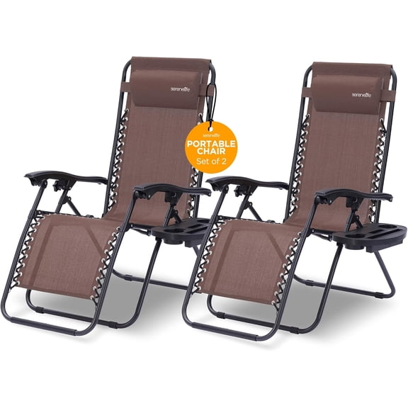 Zero Gravity Lounge Chair, Adjustable Steel Mesh Recliners, with Removable Pillows and Cup Holder Trays, Side Tables, Set of 2, Brown