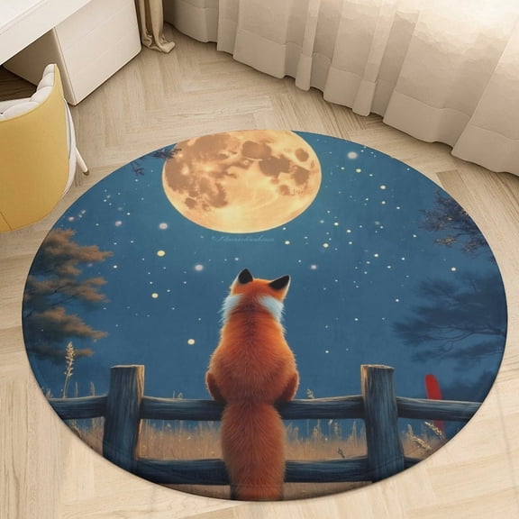 Fox Watching Moon Round Area Rugs for Bedroom Living Room, 3FT Soft Indoor Circle Carpets, Carpet Home Decor Floor Mat