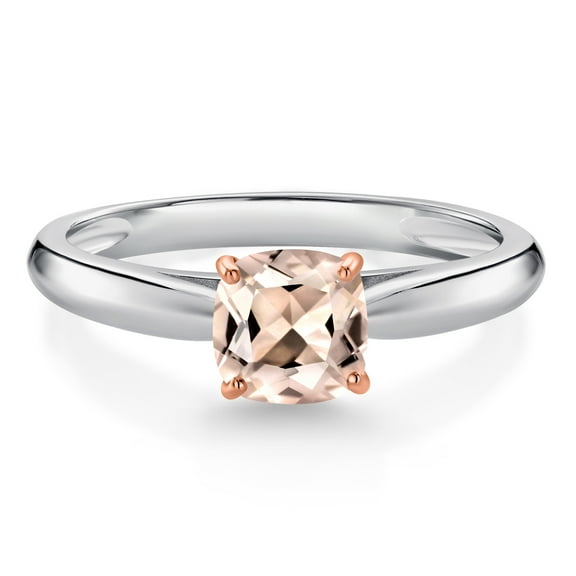 Gem Stone King 0.52 Ct Cushion Peach Morganite 10K White Gold Engagement Ring with Rose Gold Prongs (Size 7)