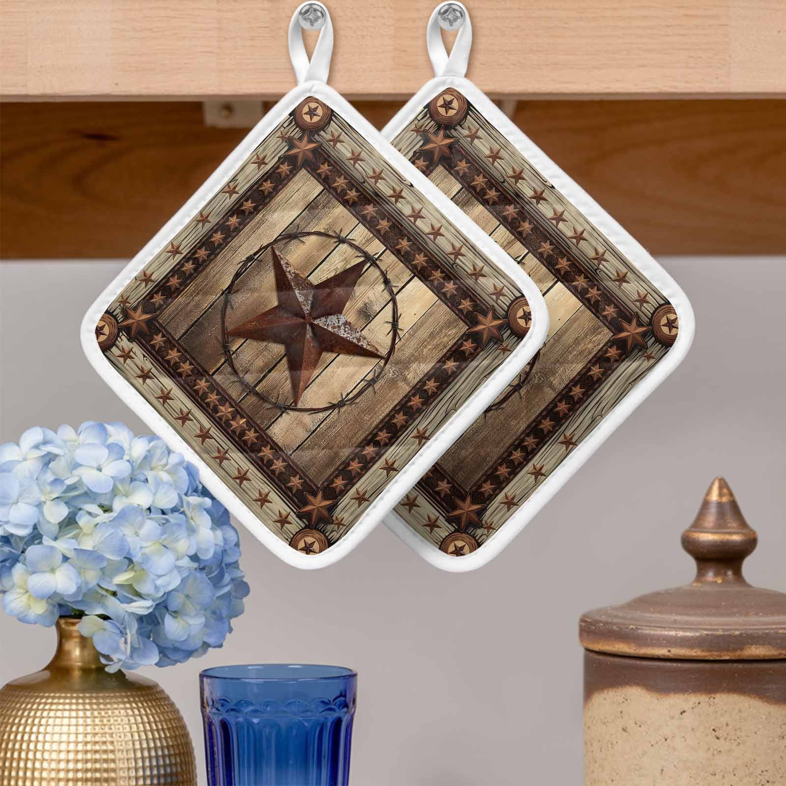 Western Farmhouse Pot Holders for Kitchen Heatproof Potholder, 4 Pack Primitive Rustic Country Retro Texas Star Hot Pads Multipurpose Oven Pads Cloth Potholders Trivet for Cooking and Baking