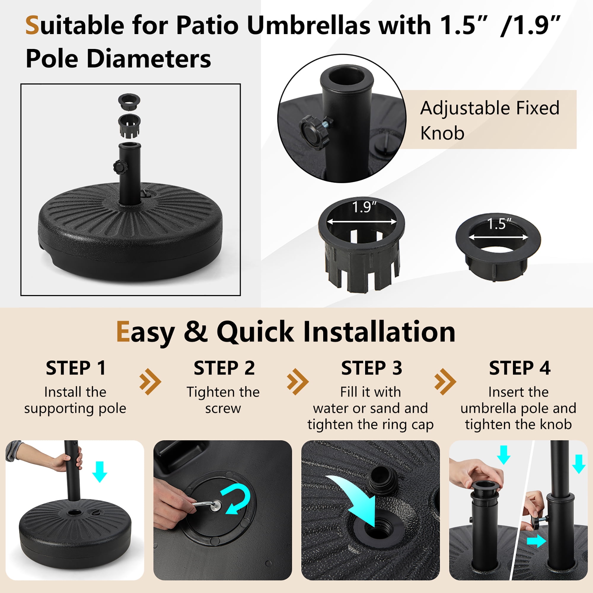 Costway 20'' Patio Fillable Round Umbrella Base Stand Holder Fit Pole 1.5''/1.9'' Outdoor