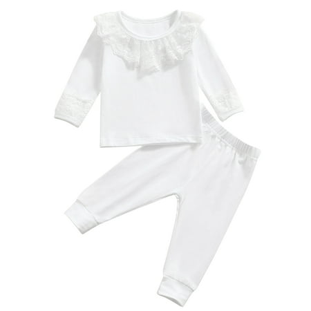 

Sunisery Newborn Baby Girls Pajamas Set Princess Lace Hem Pullover Tops Elastic Waist Pants Clothes Set White 3-6 Months
