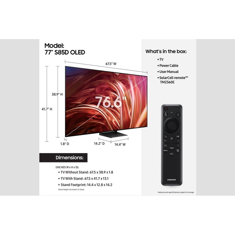 SAMSUNG 77" Class S85D OLED Smart TV QN77S85DAEXZA 2024 display and camera view