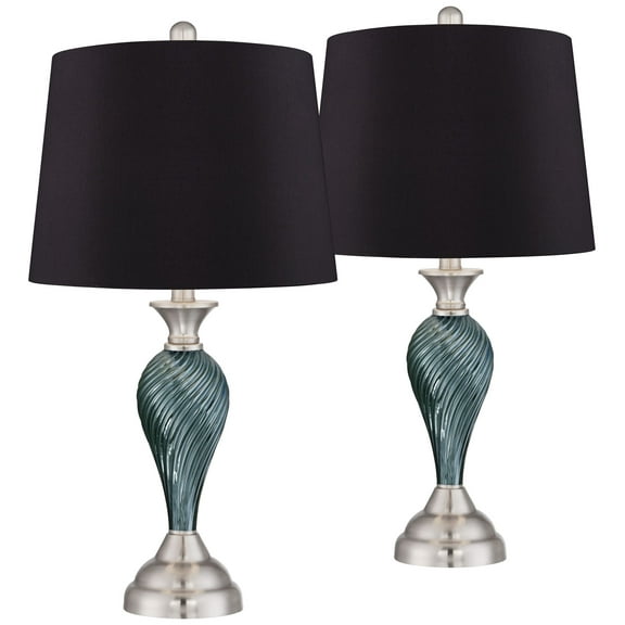 Regency Hill Arden 25" High Twist Modern Coastal Table Lamps Set of 2 Green-Blue Glass Black Shade Living Room Bedroom Bedside