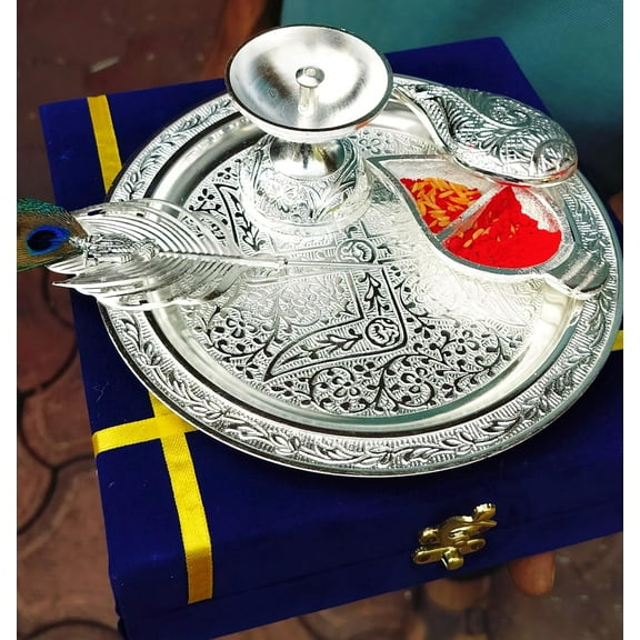 German silver enraved aarti thali with flute Krishna tika stick pooja thali set of 4 pieces