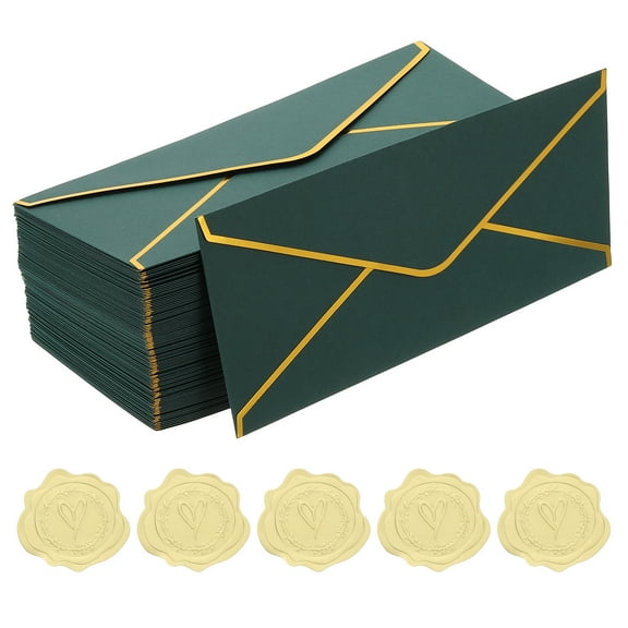 Uxcell 4 1/8 x 9 1/2 Inch Envelopes with Gold Border, 100 Pack V Flap Invitation Business Mailing Envelopes with Gold Stickers for Office Wedding Cards Gift Photos Graduation, Dark Green
