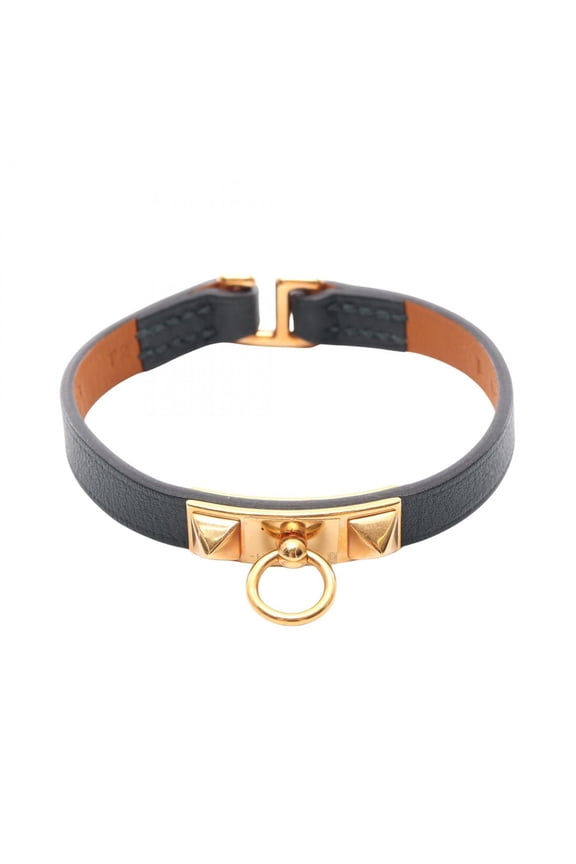 Pre-Owned Hermes Micro Rival Bracelet, Leather, Gold Plated (GP), Women's, Green/Gold Tone