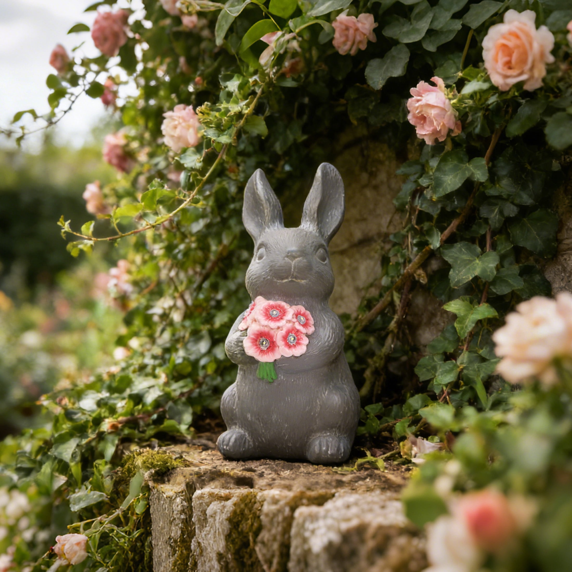 The Growing Ground Solar Bunny Garden Statue with LED Light, Resin Garden Decor for Patio, Lawn, Gray and Pink