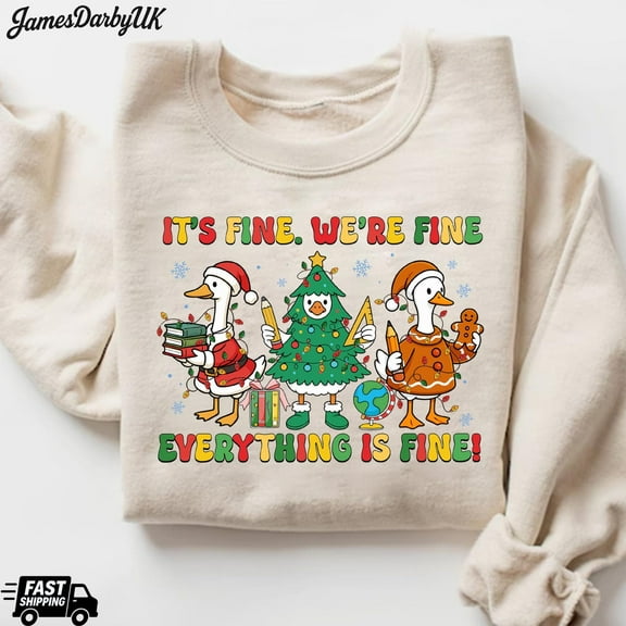 I'm Fine Everything Is Fine Christmas Shirt, Cute Goose Xmas Shirt, Christmas Lights Shirt, Funny Holiday Shirt Christmas Gift Xmas Crewneck