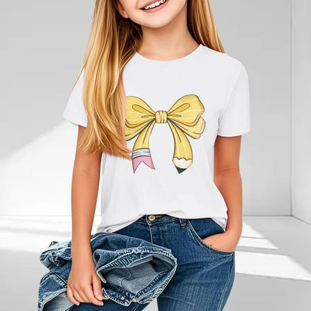 BLTIBY 2025 Girls Boys Summer Short Sleeve Top Child Kid Round Neck Bow Printed Shirts Infant Toddler Fashion Casual Loose Pullover Blouses White 7-8 Years
