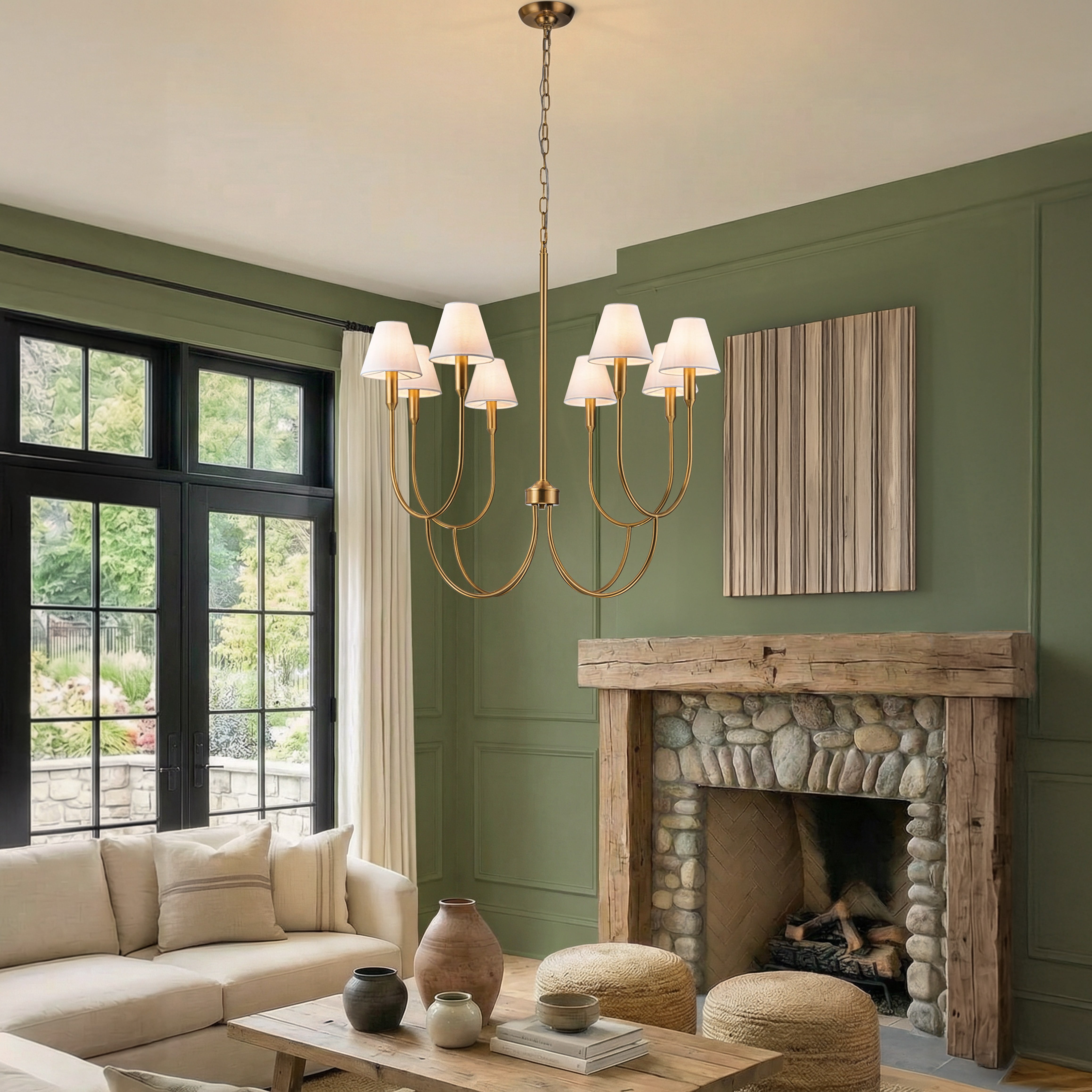 8-Light 32-Inch Mid-century Modern Satin Brass Large Chandelier with White Linen Fabric Shades For Dining Room or Foyers