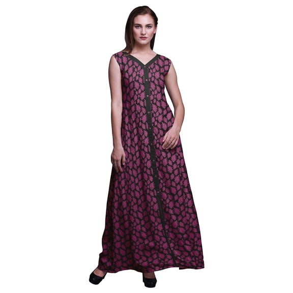 Bimba Leaves Women Long Floral Party V NeckÂ DressÂ Front Slit Sleeveless Maxi Gown-Medium