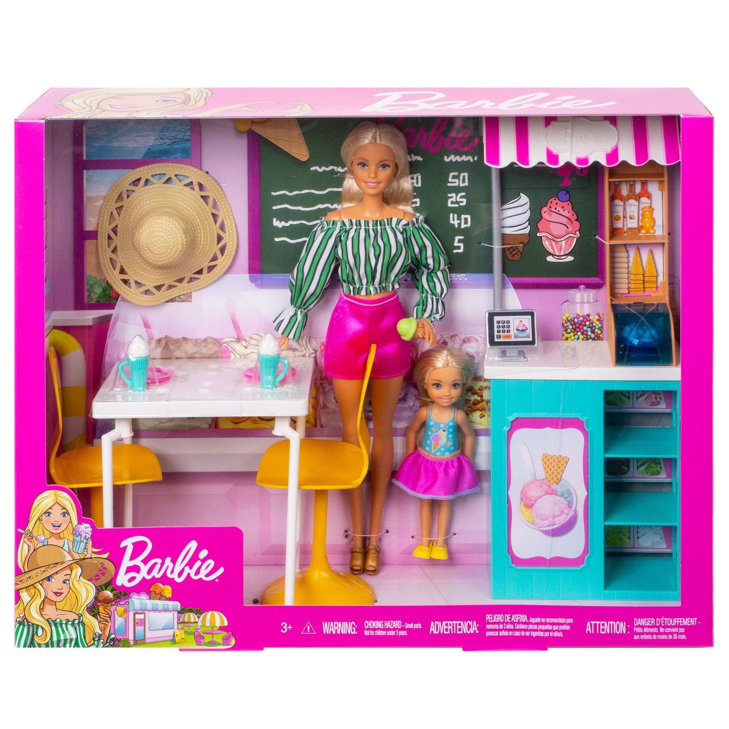 ​Barbie Ice Cream Cafe Playset with Barbie Doll and Chelsea Doll, Store Frame, Table, 2 Chairs and Food Accessories for Kids 3 to 7 Years Old
