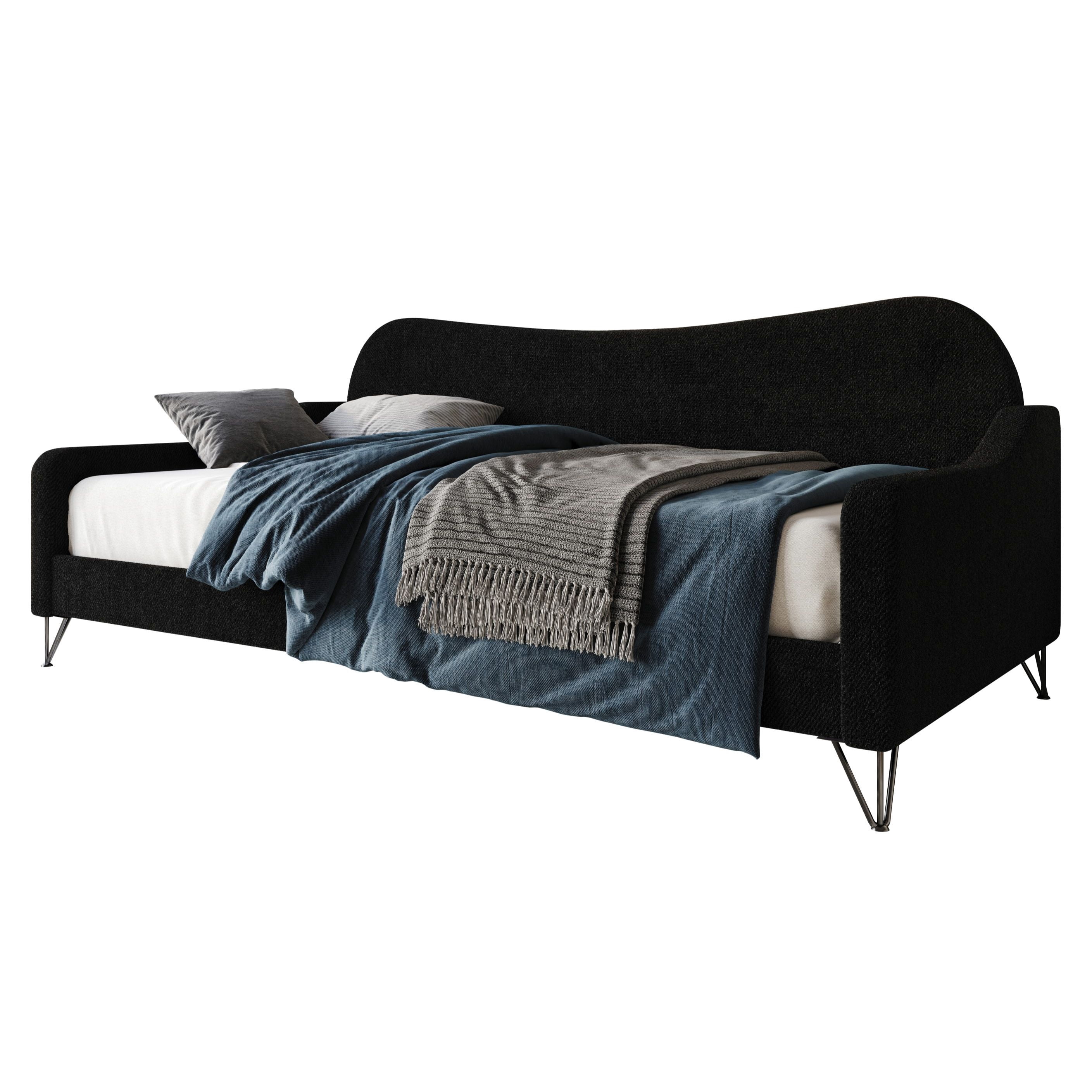 Home Design Natty Twin Daybed with Upholstered Frame, Elegant Backrest and Arms, Black Metal Legs, Stylish Seating and Sleeping Solution, Black