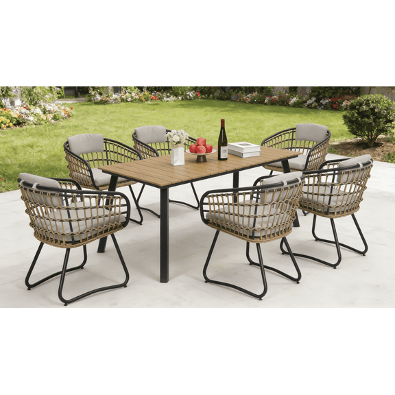 FFZ 7-Piece Outdoor Wicker Dining Set with Wood-Plastic Composite Table, 6-Seater, Yellow