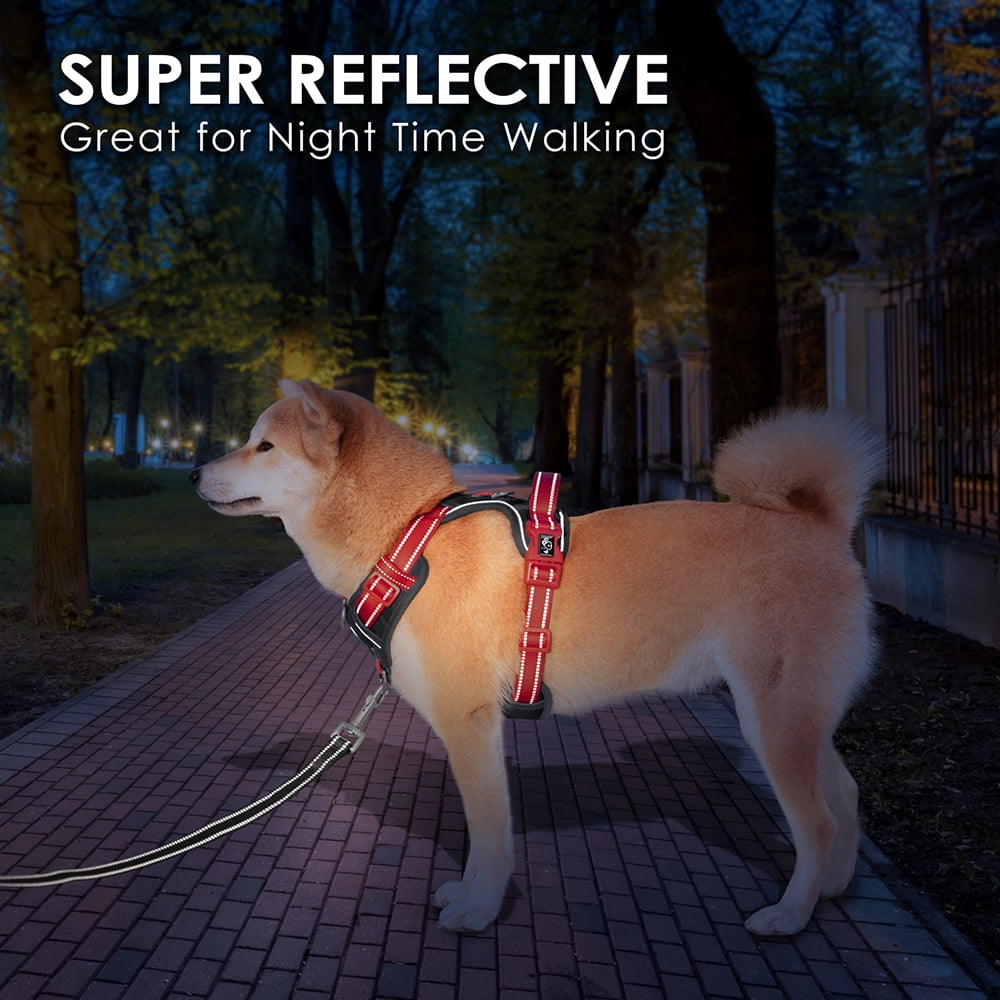 PHOEPET No Pull Dog Harness, Unique Colors Reflective Adjustable Dog Vest, with Soft Training Handle Metal Clips for Small Medium Large Dogs (Black Base & Red Straps)