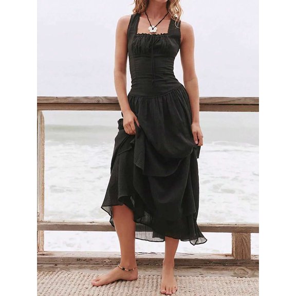 Black Square Neck Smocked Maxi Dress With Tiered Ruffle Flowy Skirt Casual Beach Sundress