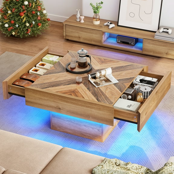 XgoodX Square LED Coffee Table with 2 Drawers Modern Sofa Center Table for Living Room